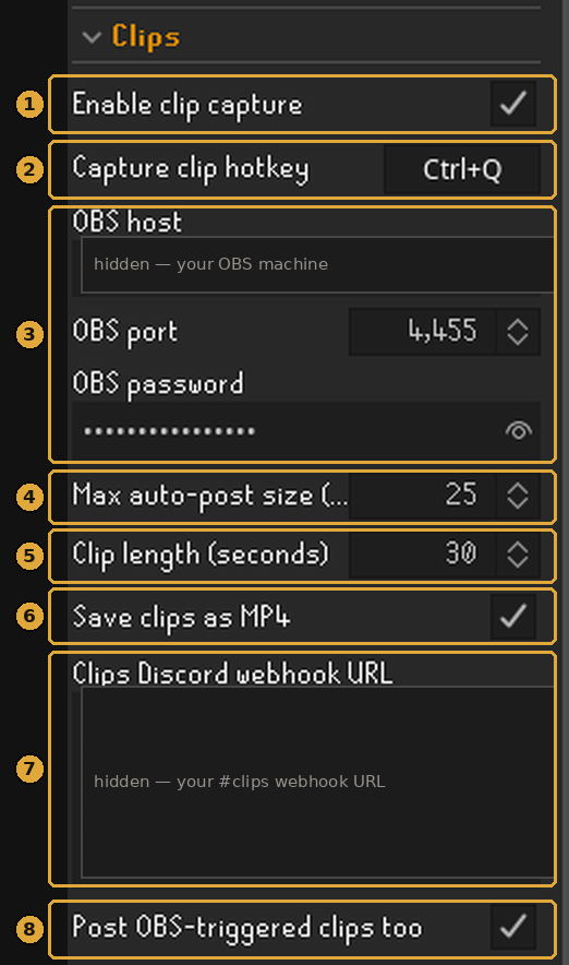 The Clips section of the plugin config with each setting boxed and numbered; the OBS host and webhook URL are hidden