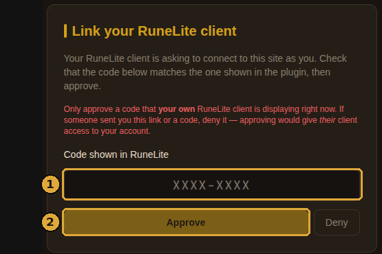 The Link your RuneLite client page, with the code field and Approve button boxed
