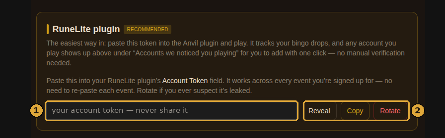 The RuneLite plugin card on the profile page, with the token field and the Reveal, Copy and Rotate buttons boxed